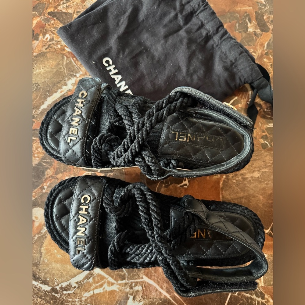 Authentic Chanel Black Rope and Quilted Leather Sandals Size 6